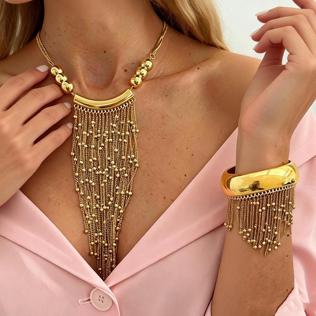 Creative Waterfall Metal Bead Chain Fringed Necklace, Fashionable Elbow Beaded Collarbone Necklace