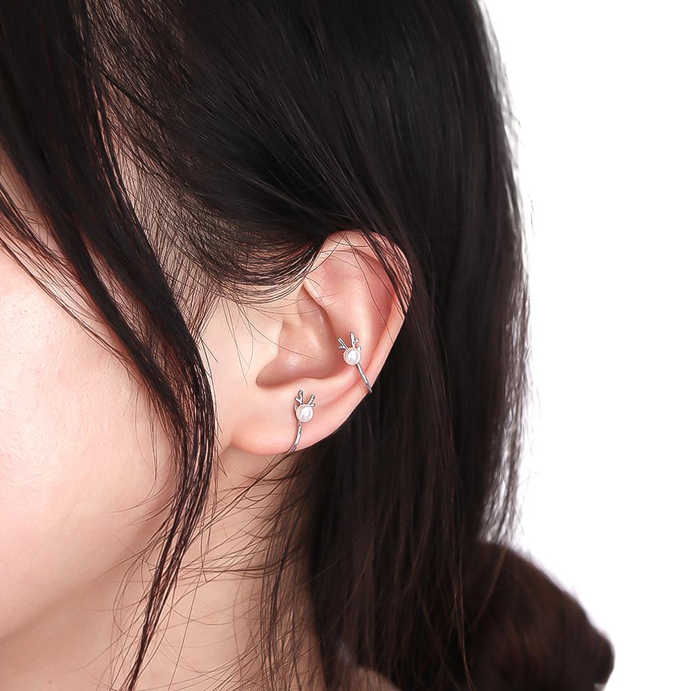 C Cubic Cartilage Stud Clip Earring Elk Ear Clips Christmas Earrings Korean Style Pearl Ear Clips
