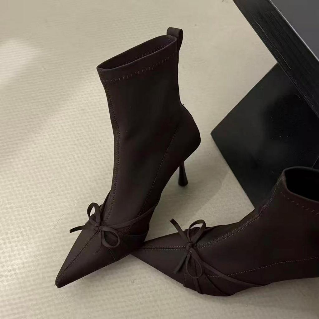 First encounter season French-style vintage pointed head thin heel satin bow short boots women's autumn and winter thin elasticity