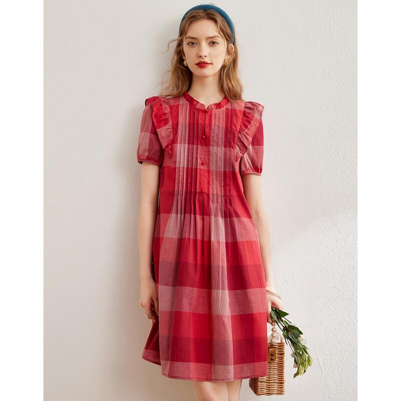 Women s Plaid Ruffle-Edge Cotton Short-Sleeve Dress L