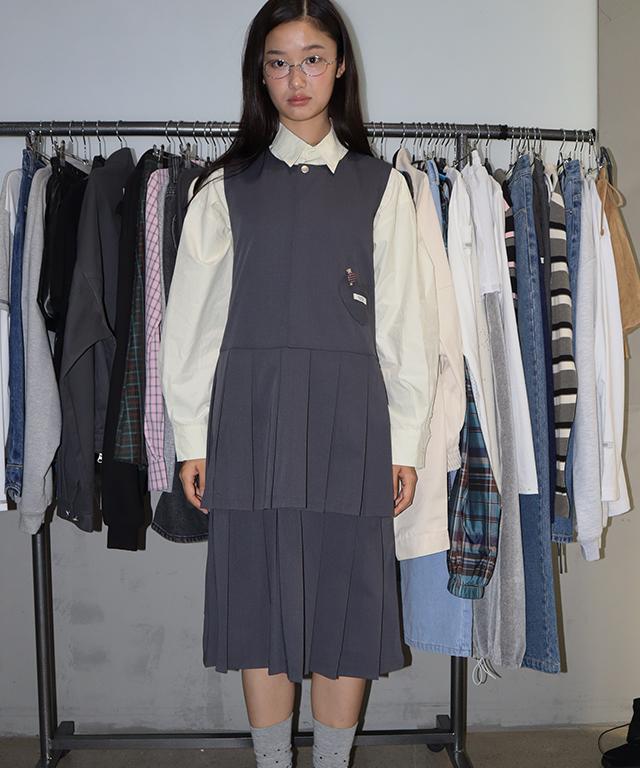 Ronron Heart Pocket Half Pleated Dress Gray