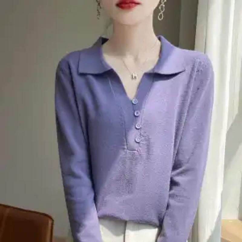 POLO Collar Knitted Cardigan Women's Spring Autumn and Winter New Long-sleeved Tops Versatile Fashionable Sweater Base