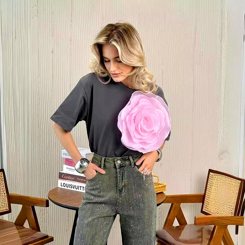 

1 шт., свободная футболка с короткими рукавами и цветочным принтом, хлопковая сетчатая пряжа Camellia Sinensis, базовая, элегантная S