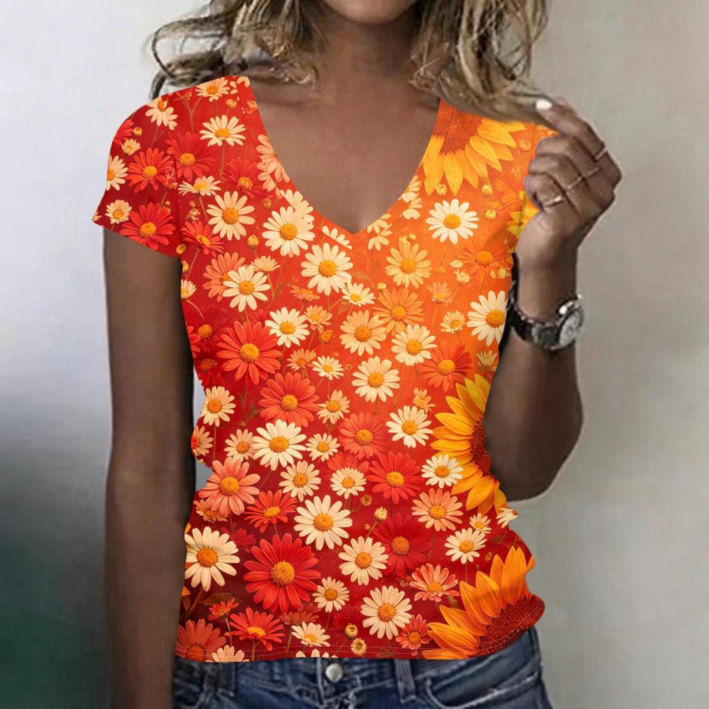 Women's Casual V Neck Short Sleeve Floral Print T Shirt Top Lightweight Breathable Summer Tee Shirt for Daily Wear