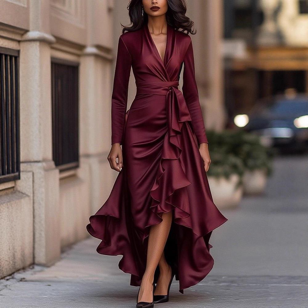 2026 European and American women's clothing, autumn new v-neck waist ruffle leaf temperament dress