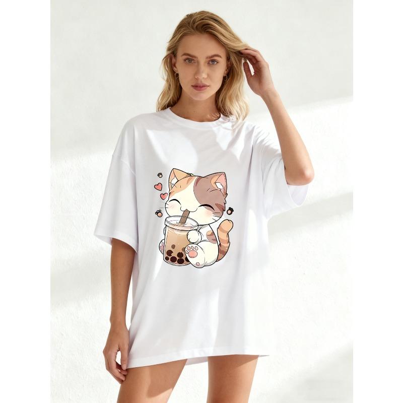 Cute Cat Bubble Tea Oversized T Shirt Black Kawaii Cat Drinking Milk Tea Graphic Print Casual Loose Fit Top For Women Summer Streetwear Fashion