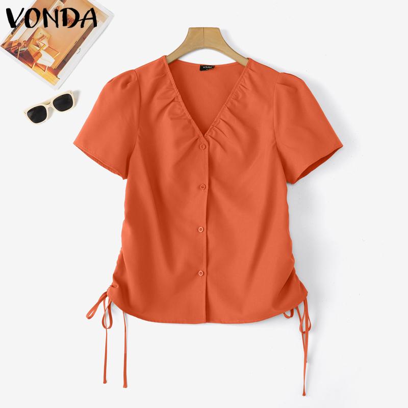 VONDA Summer Women V Neck Short Sleeve Side Drawstring Buttons Up Casual Blouse