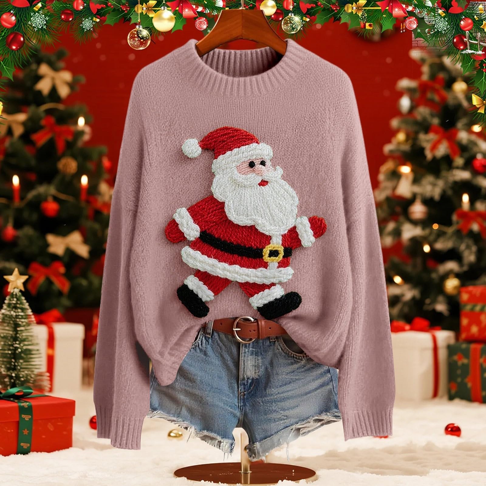 

Женский модный пуловер с рождественским принтом, с длинным рукавом и вырезом под горло, вязаный свитер-топ M розовый