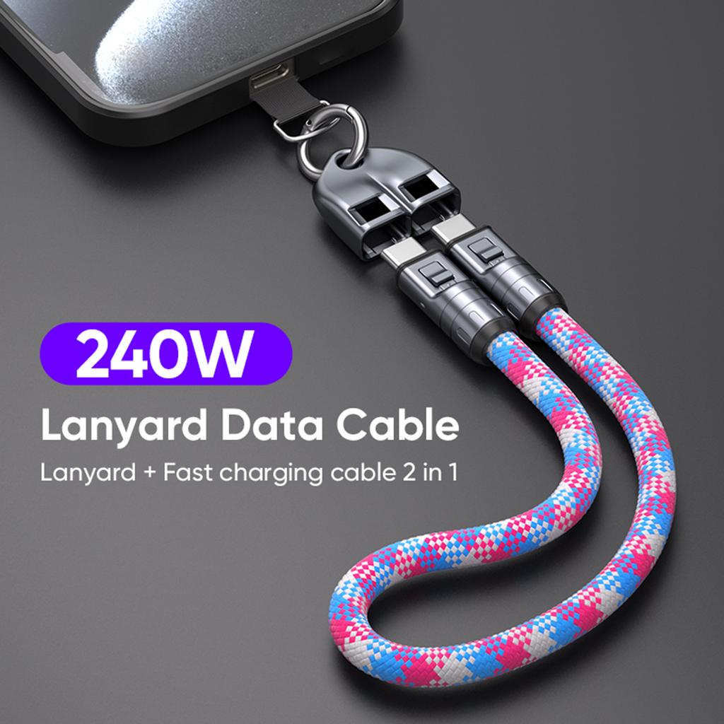 Phone Lanyard Charger Cable 240W Fast Charging Type C to Type C Wire Nylon Weaving with Zinc Alloy Lock Anti Theft