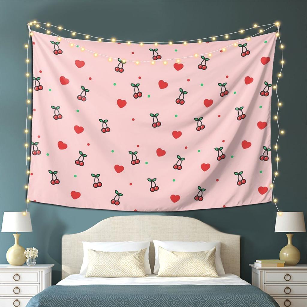 Cherry Heart Design Pattern With Pink Background Tapestry Wall Hanging Aesthetic Home Decor Tapestries for Living Room Bedroom