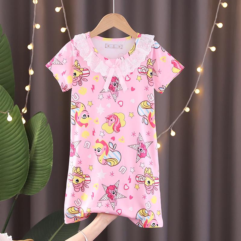 Lace Short Sleeve Cartoon Nightgown for Girls - Summer Pajamas