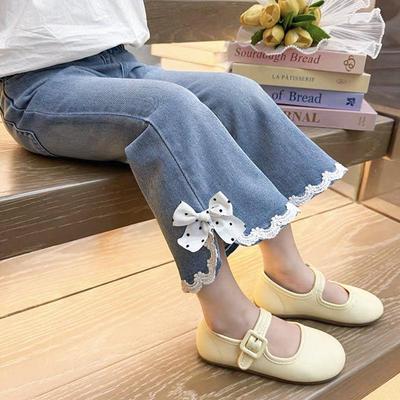 Autumn 2025 Korean Style Girls' Denim Flare Pants with Bow - Versatile and Stylish Long Trousers