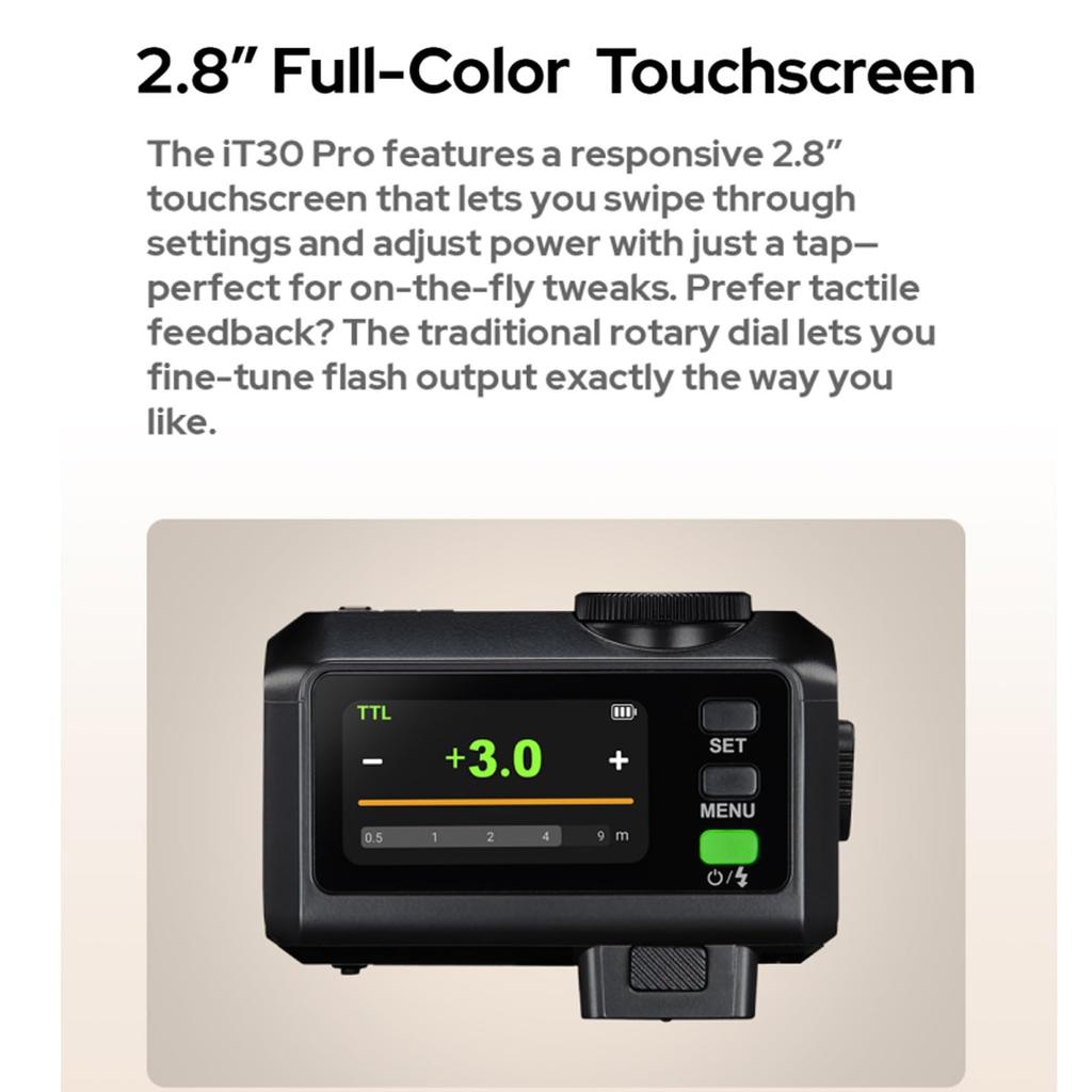 Godox iT30Pro F TTL Flash Fujifilm GN15 Recycle 560 Full Power Touchscreen Speedlite iT30Pro-F (for Cameras), 1.5-Second Time, Flash, 1/8000 HSS, 2.4G