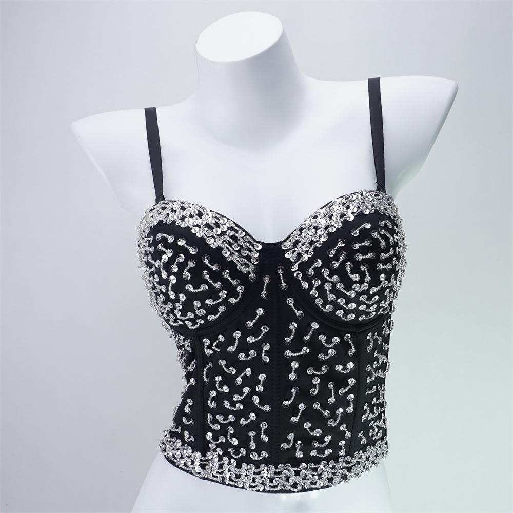 Sparkling Pearl-Embellished Longline Bustier Corset with Boning Women's Outerwear Top Bra Vest Fashion