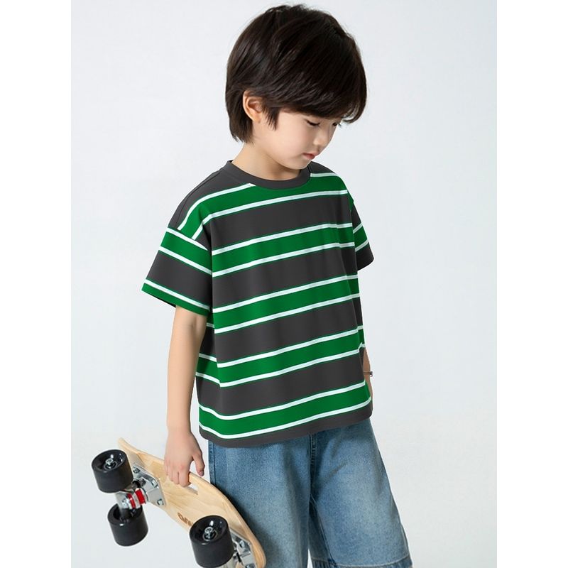Children's Striped Short-Sleeve T-Shirt for Older Kids, European and American Style, Summer Korean Version, Loose Fit for Boys and Girls
