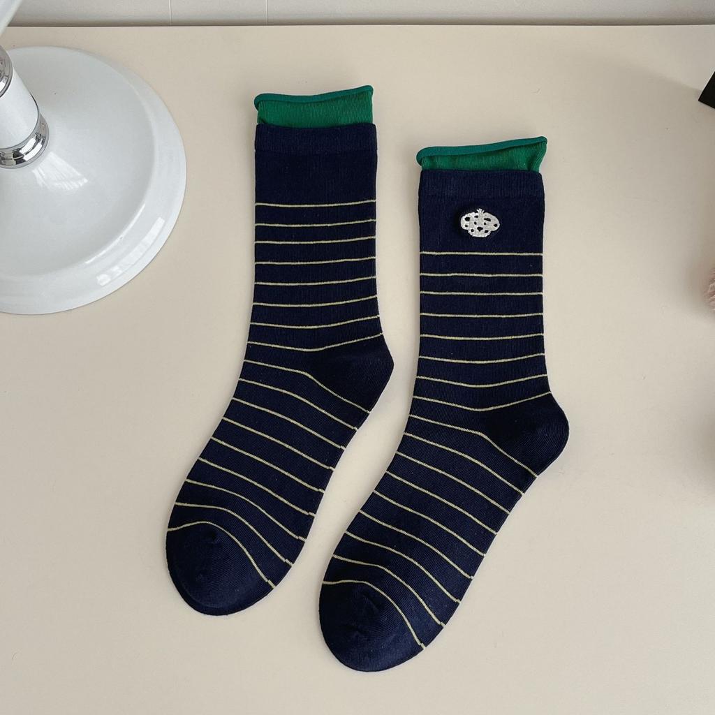 Contrasting Socks, Socks, Korean Maillard, Curled Hemming, Double Luo Mouth, Cartoon Embroidery, Boneless Cotton Piled Socks
