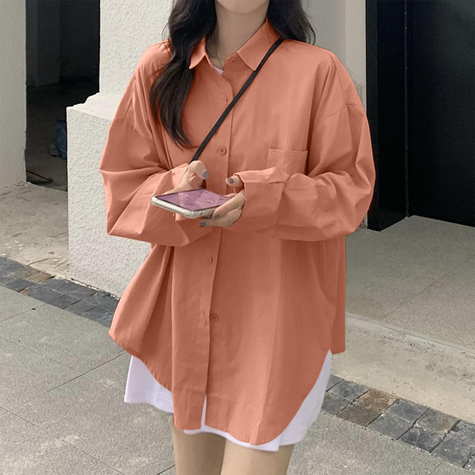 

Женская мода, однотонная рубашка на пуговицах с карманом и длинными рукавами, повседневная рубашка с лацканами, топ XXXL оранжевый