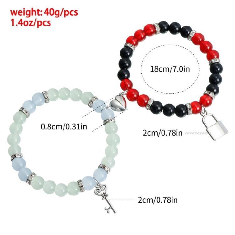 2Pieces Elegant Crystal Bead Bracelet Magnetic Clasp Handchain for Couples Adjustable Matching Wristbands Accessory