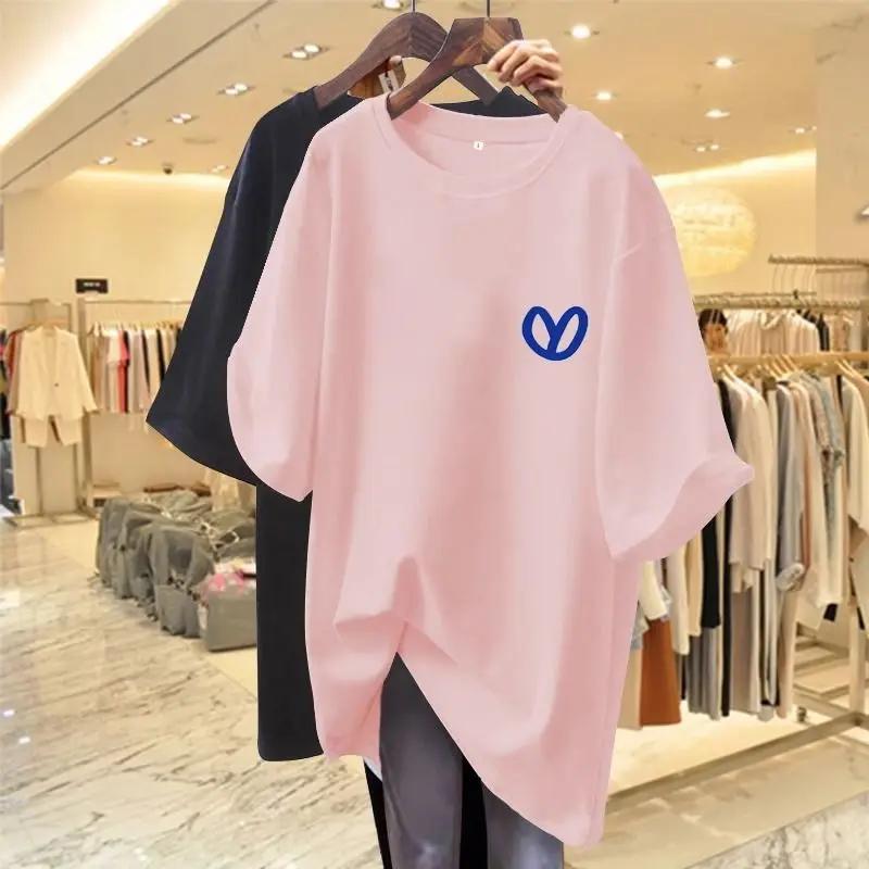 Heart Print T Shirt Summer Fashion Hand-Painted Print Basic T-shirt Women Casual O-neck Short Sleeve Oversized Top Tee Pullover