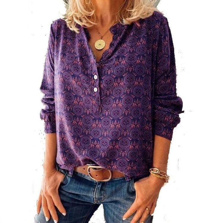 Moda Feminina Plus Size Casual Solta Decote V Manga Comprida Botão Top Blusa Primavera Outono Estampado Cobre Novo