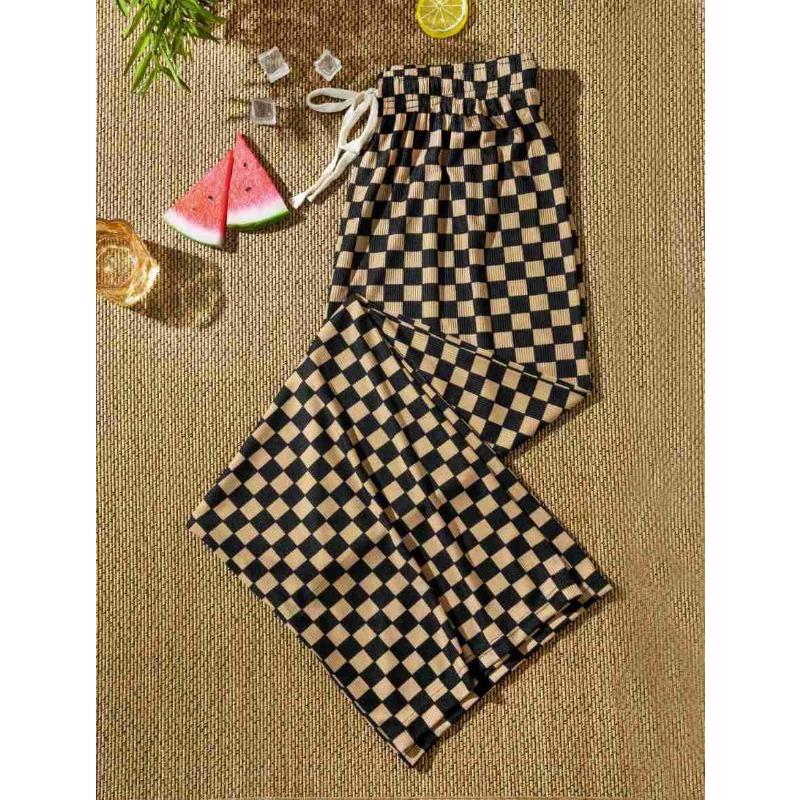 VEZFAA Women's Fashion Casual Plaid Print High Waist Trousers Pants & Capris