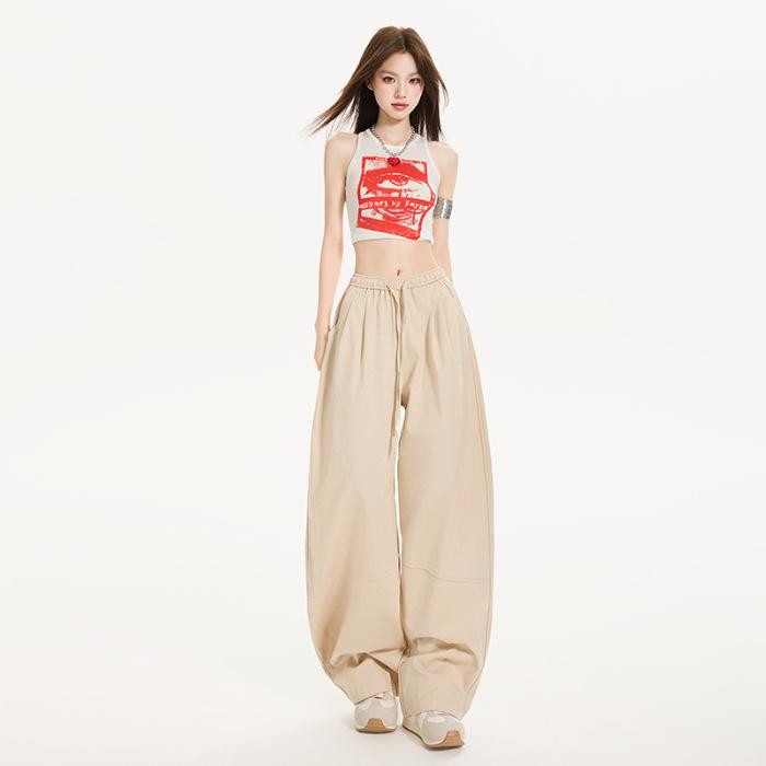 American Retro Lace-up Summer Thin Fluffy Breathing Pants Milk Pants Air Casual Wide-leg Tooling Scimitar Pants