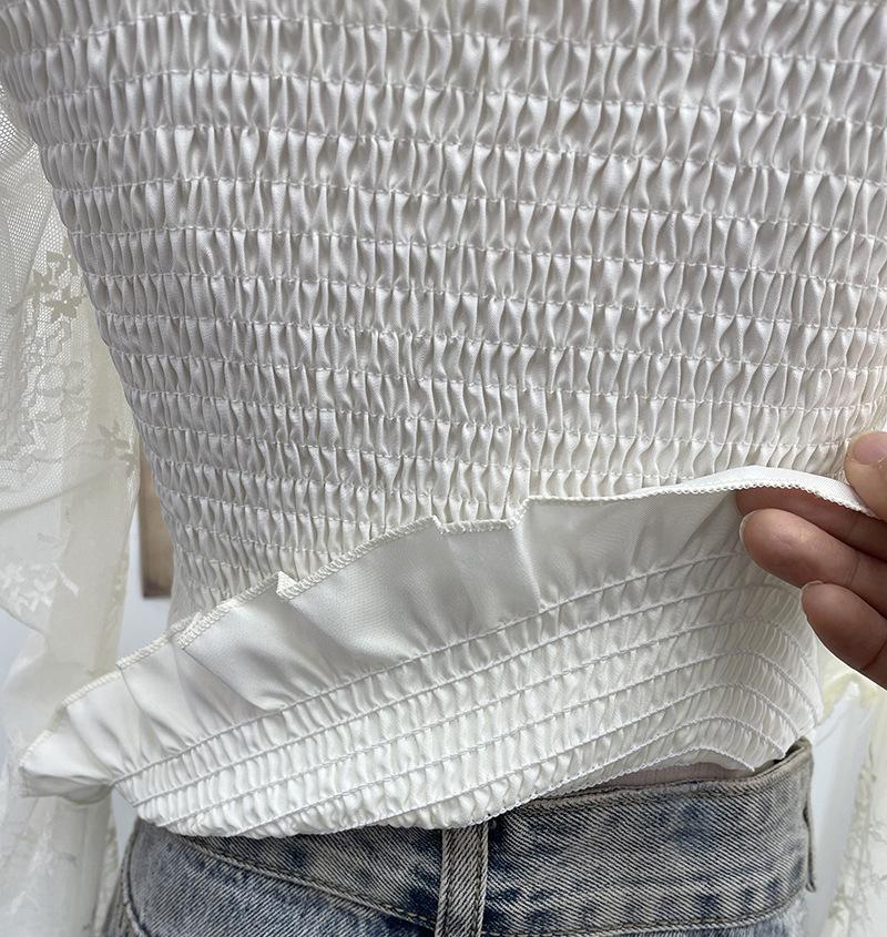 French Retro One-Shoulder Pearl Strap Lace Top with Chest Pads