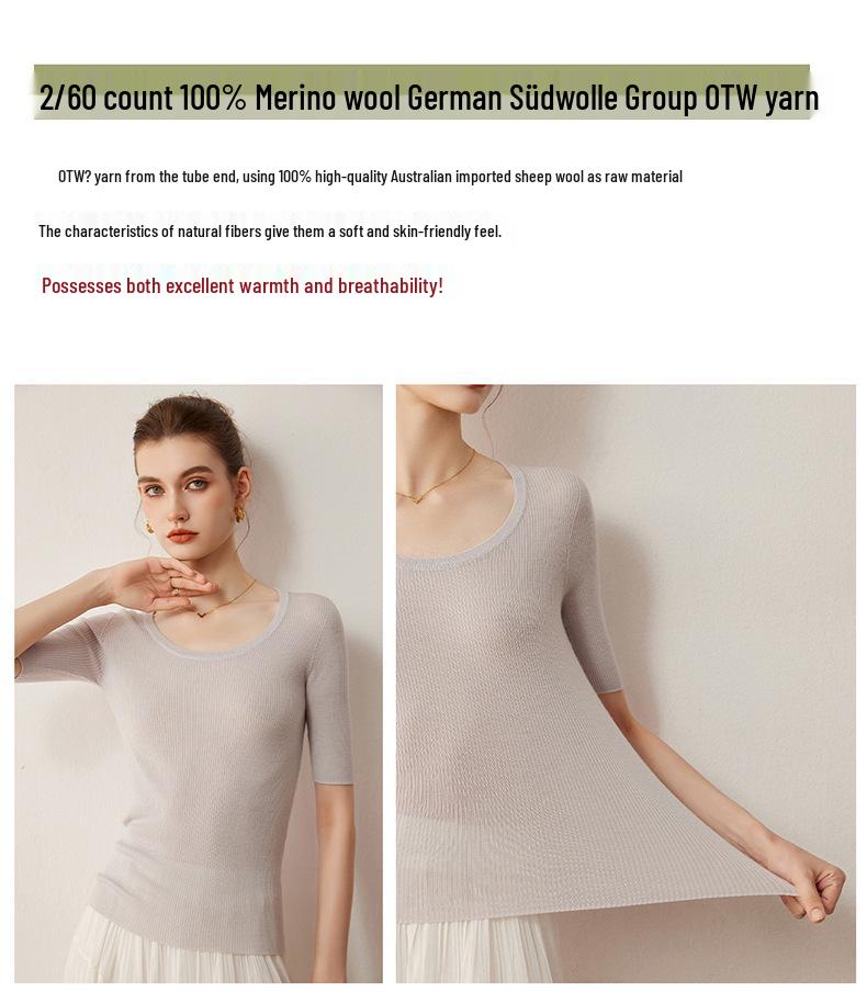 2026 Autumn/Winter Women's Slim Fit Five-Sleeve Wool Sweater, Round Neck
