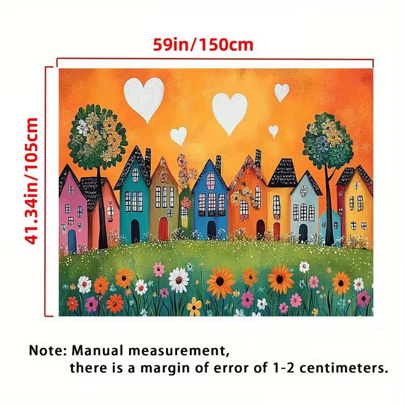 

2D Flat Cute Cartoon Town Banner, Brightly Colored Houses on Orange Sky Background 47.2x31.5inch/120*80cm