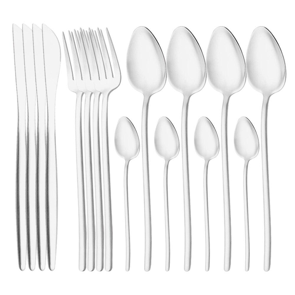 

Один набор матовых семейных столовых приборов, 16 шт., столовые приборы в стиле вестерн 18/10, столовая посуда из нержавеющей стали, ложка, вилка, нож, наборы столовых приборов серебряный