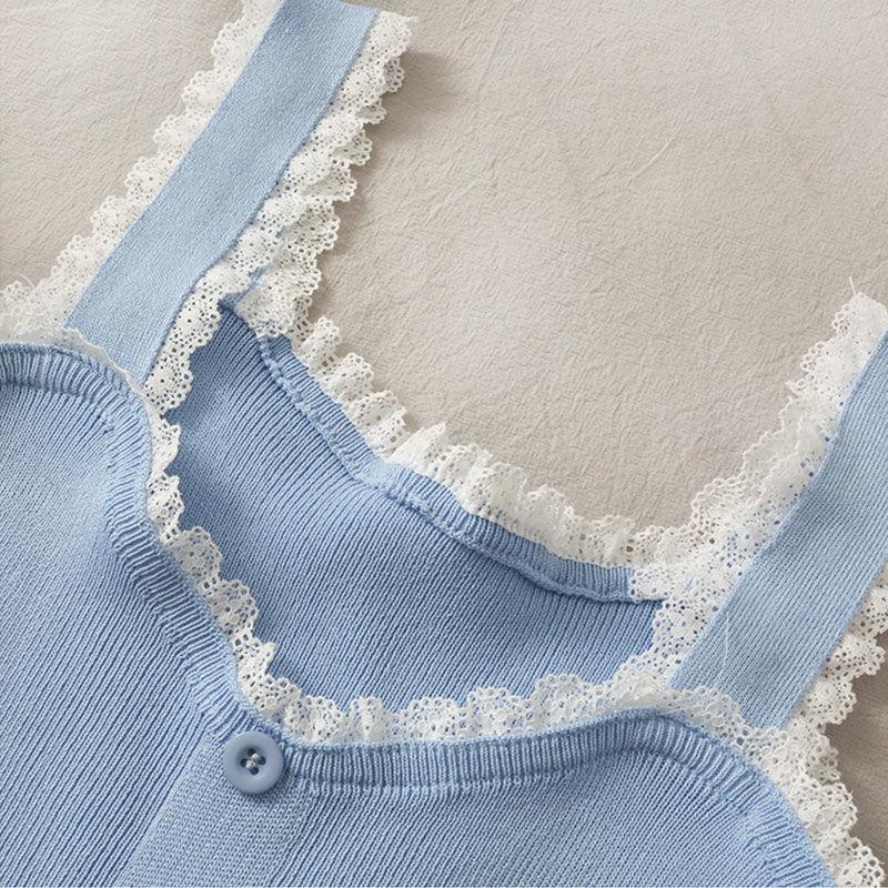 Lace Patchwork Fungus Edge Short Slim Fit Vest for Women New Candy Color Versatile Breasted Camisole for Summer