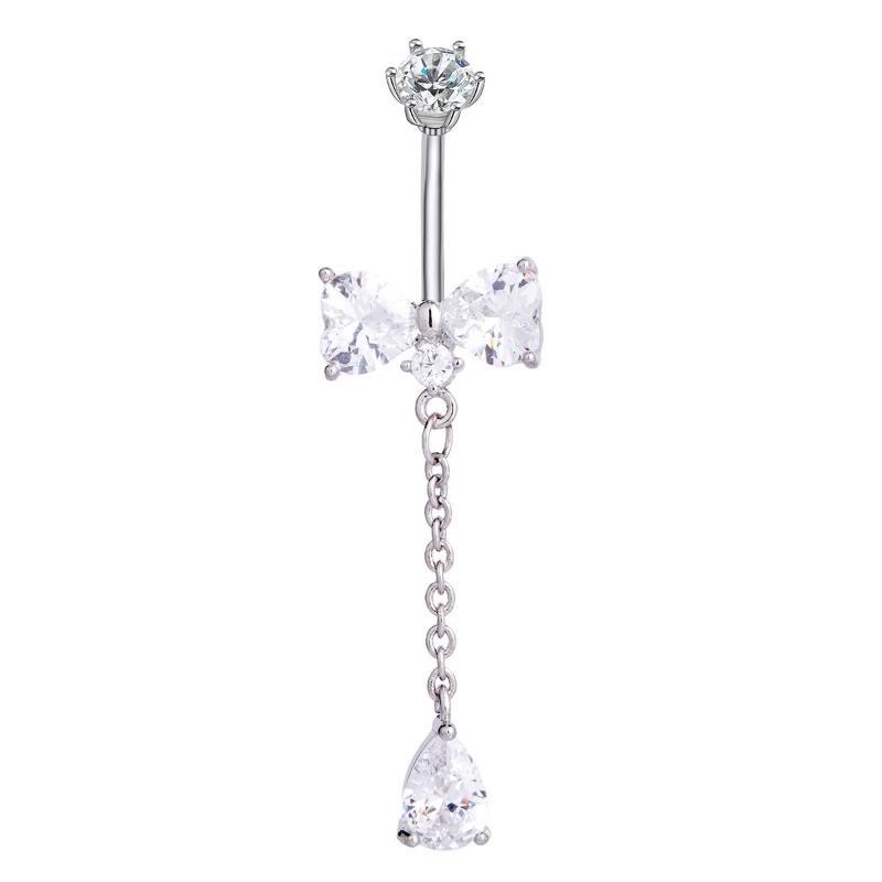 Sweet  Bowknot Heart Navel Ring For Women Girl Exquisite Shining Zircon Belly Button Ring Sexy Body Piercing Jewelry Gift