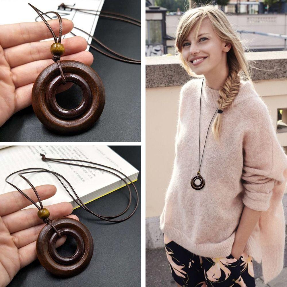 Round Clothing Pendant Retro Ethnic Sweater Necklace Gifts Vintage Leather Lanyard  Women Girls
