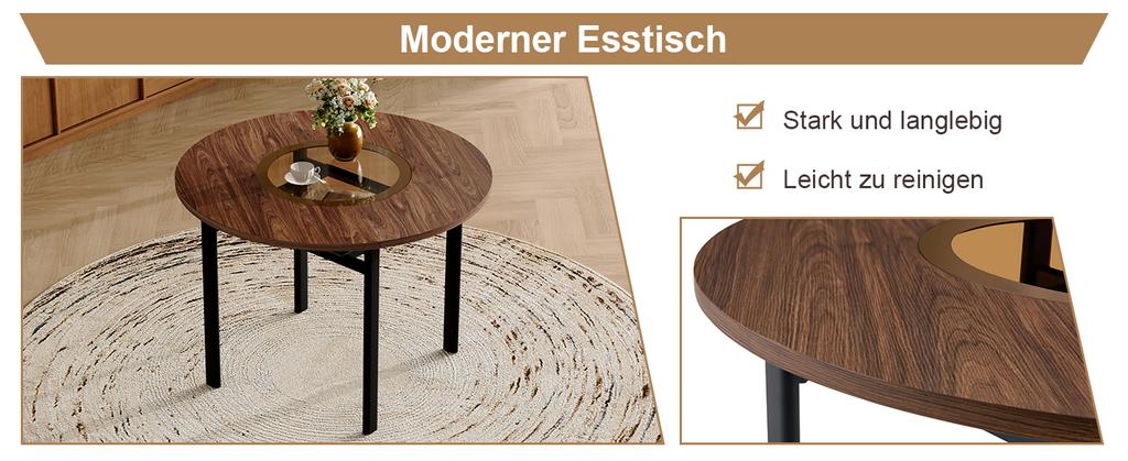Round Table Modern Minimalist Design with 100 cm Diameter and Brown Wood Pattern, Suitable for 2-4 People (Brown-Grey Glass Plate and Metal Frame).