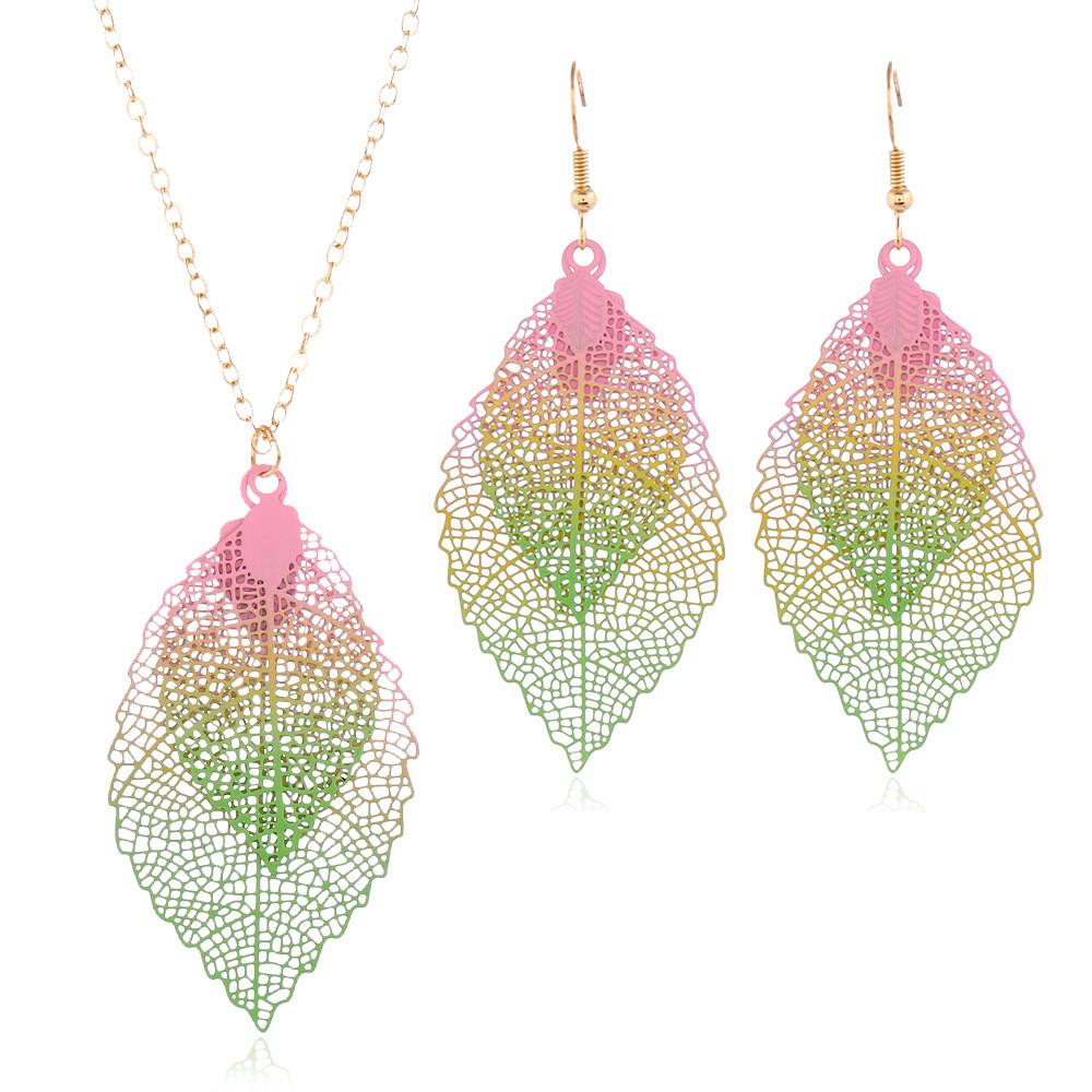 Vintage Leaf Jewelry Set With Stainless Steel Metal Pendant And Box Chain For Boho Style Fans
