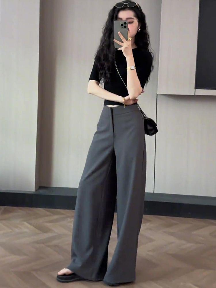Women s High-Waisted Grey Wide-Leg Suit Pants - Minimalist Style, 2025 Spring Collection M
