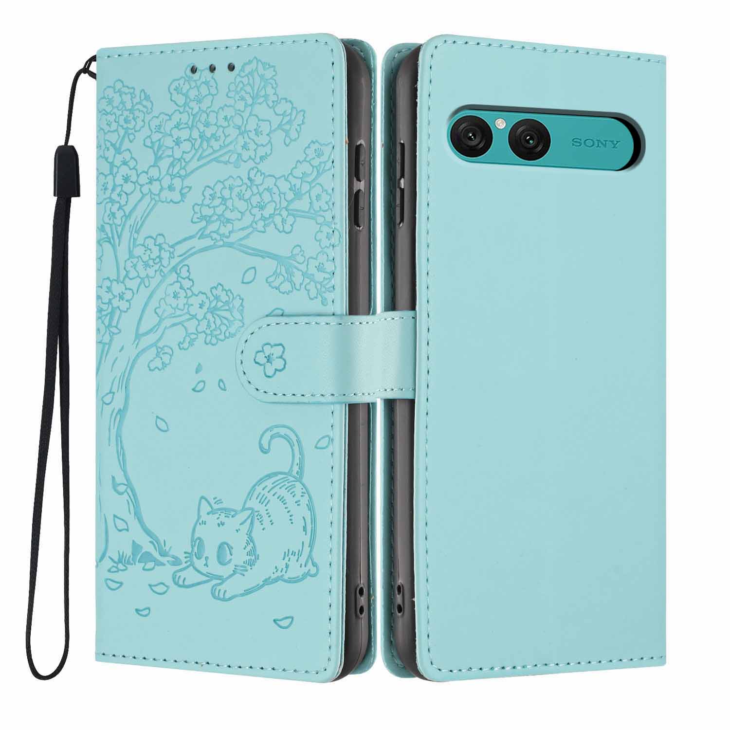 

For Sony Xperia 10 VII Stand Case Tree-and-Cat Pattern PU Leather Wallet Protective Phone Cover with Wrist Strap