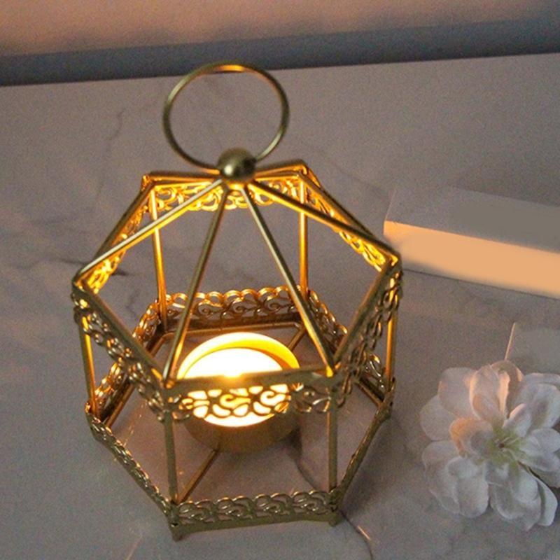 62KD Hexagonal Metal Holder Hollowed Iron Candlestick Hanging Lanterns