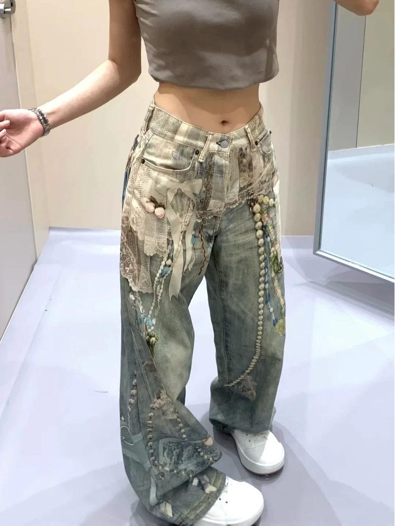 

Women s Early Autumn Distressed Straight Leg Jeans with 3D Lace & Pearl Chain Print Medium