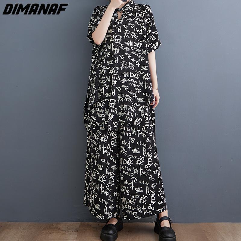 DIMANAF 2023 Plus Size Two Piece Set Suit Women Vinatge Print  Tops Pants Letter Female Suit Summer Wide Leg Pants