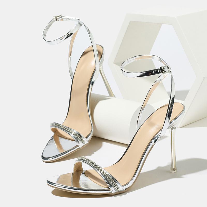 Fashion Crystal Rhinestone Women Sandals Summer Open Toe Silver High Heels Wedding Prom Shoes Sexy Ankle Strap Sandalias