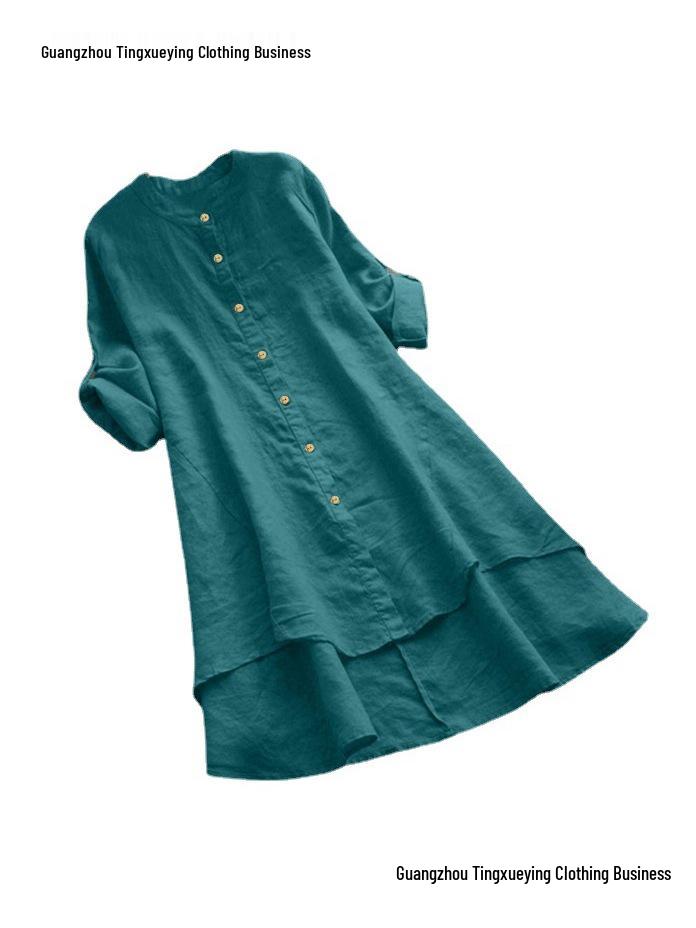 Women's Solid Color Button-Up Cotton Linen Long Sleeve Shirt