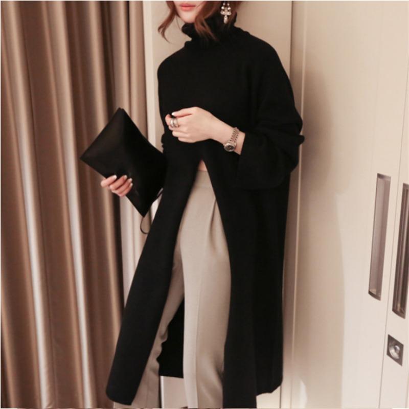 Neu im Herbst Winter Damen Strickpullover Lange Kleider Hochgeschlossenes, geteiltes, lockeres Pulloverkleid Lässiger Temperamentpullover mit Kleidung der unteren Schicht