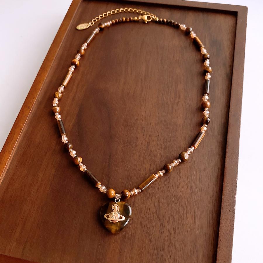 

Maillard Wind Tiger s Eye Stone Beaded Love Pendant Necklace Light Luxury Premium Sweater Chain Retro Versatile Necklace Women
