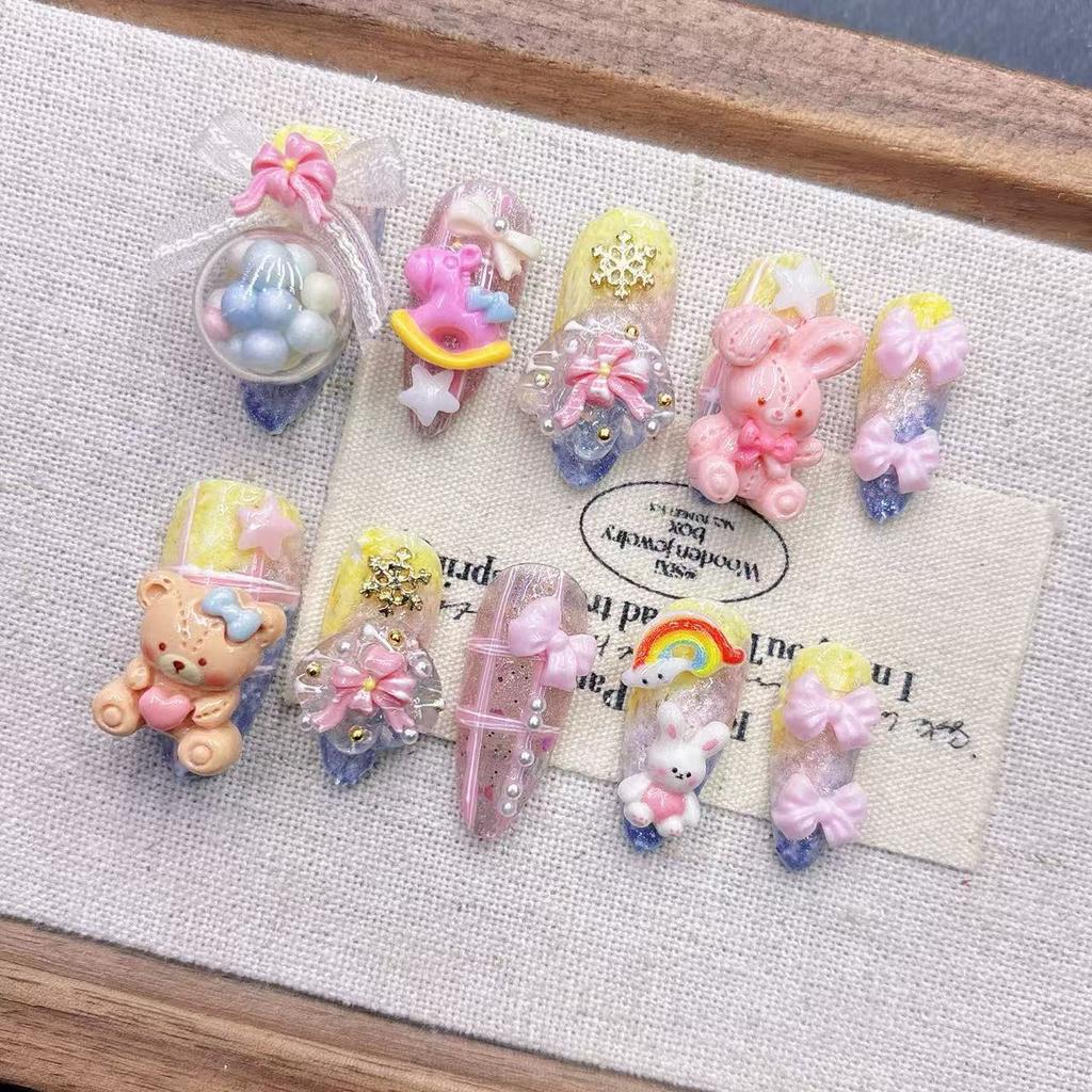 Square Press on Nails Almond Fake Nails French Tip False Nails with 3D Design Full Cover Acrylic Glue on Nails Artificial Stick on Nails for Women