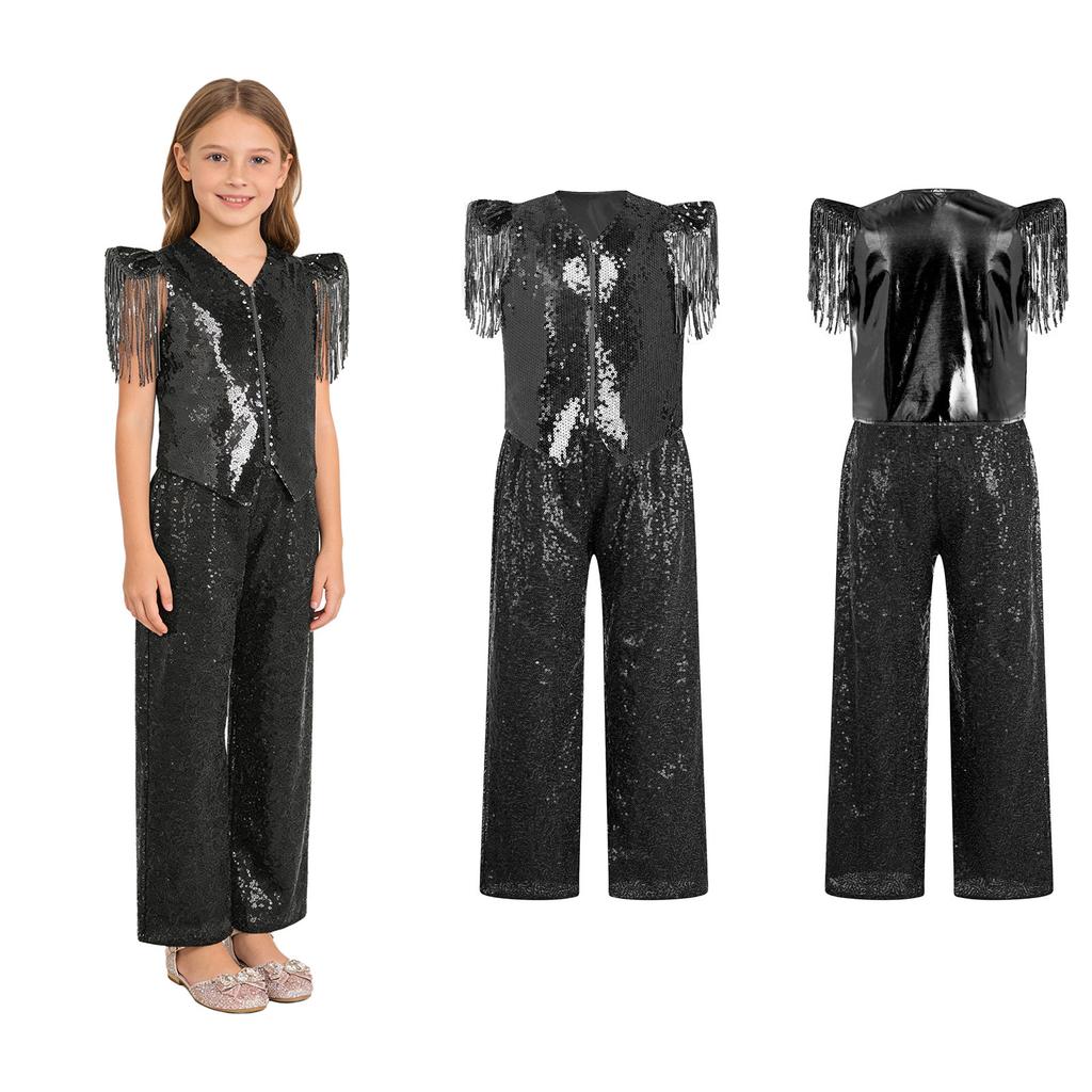 Kids Jazz Dance Costume Set Sequin Embellished Cap Sleeve V Neck Asymmetrical Hem Zip Vest with Elastic Waist Pants for Stage Competition