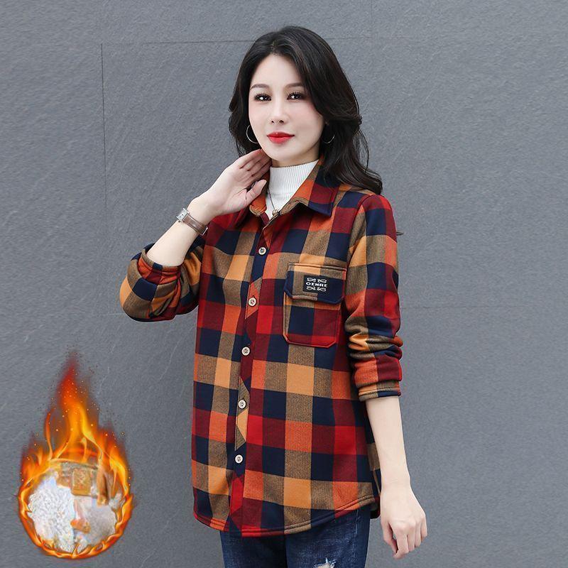 Women's Autumn Velvet Long Sleeved Warm Shirt, Middle-aged Mother's Plus Size Casual Plaid Jacket