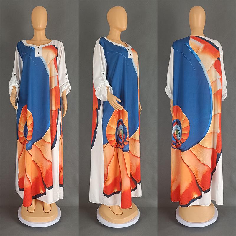 European and American Large Size Women's Satin Print Dress, Arabic Robe Style 8901