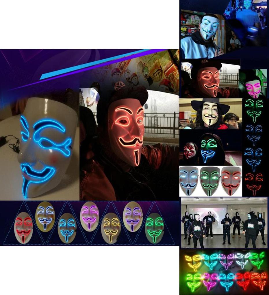 Ohromující LED maska na Halloween s designem V jako Vendeta Anonymous