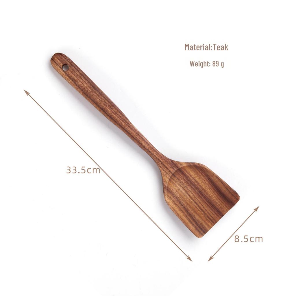 Teak Wood Kitchen Utensil Set: Includes Spatula, Soup Ladle, Stir-Fry Spoon, Slotted Spoon, and Fork for Non-Stick Pans